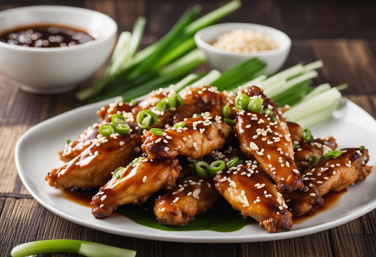Chinese chicken wings arranged on a white platter, drizzled with soy sauce and garnished with sesame seeds and green onions