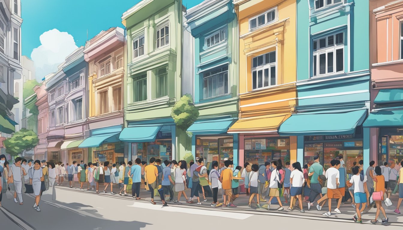A bustling street in Singapore, with colorful storefronts displaying the latest Hoka shoes. Shoppers browse the selection, while a sign proudly announces "Where to Purchase Hoka Shoes in Singapore."