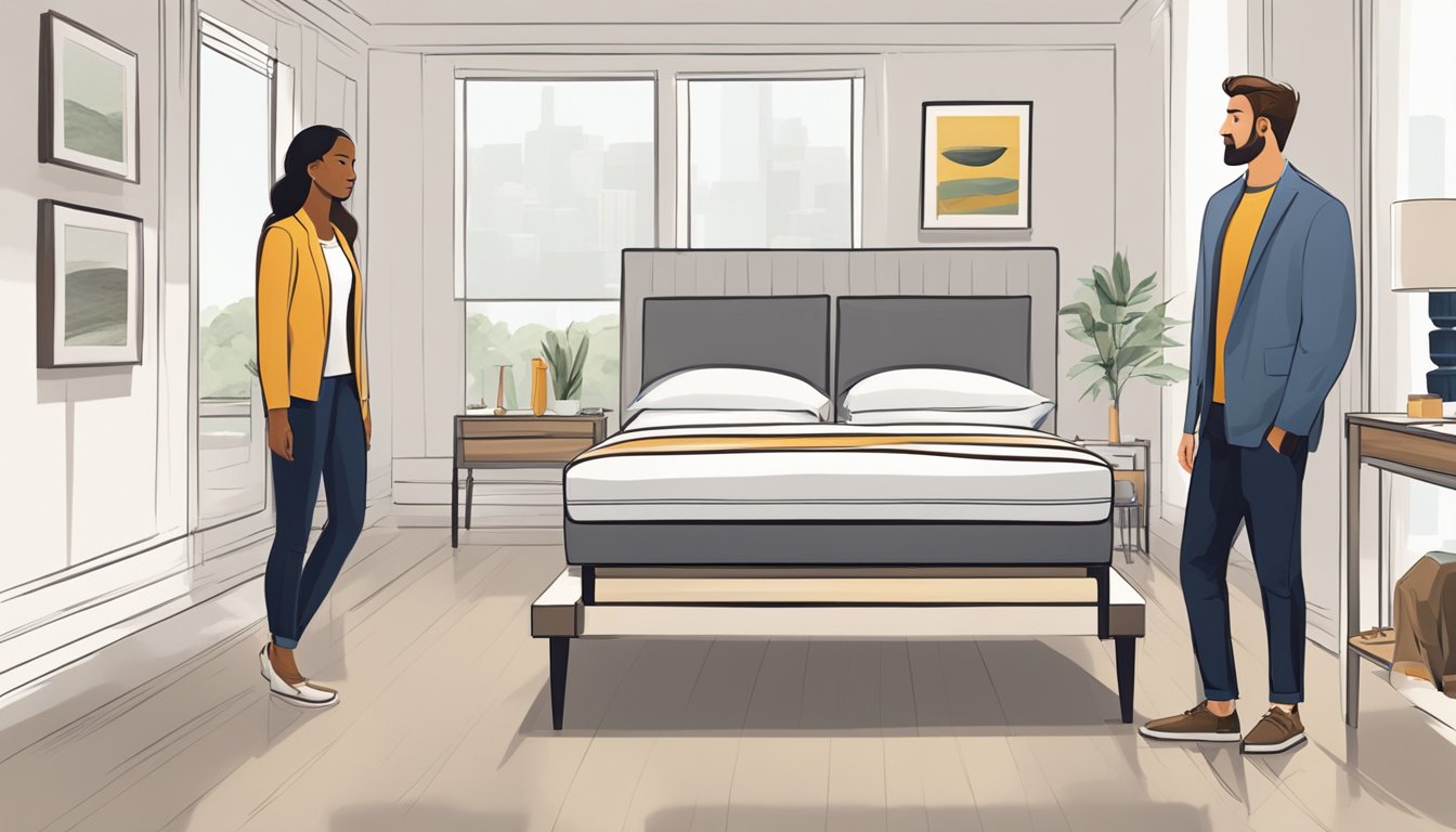 A couple stands in a showroom, comparing different bed frames. The room is well-lit, with various styles and colors on display