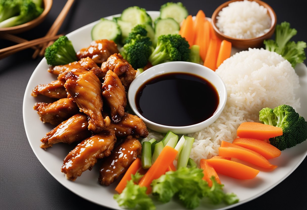 A plate of Chinese chicken wings with soy sauce, surrounded by a variety of fresh vegetables and a small bowl of rice