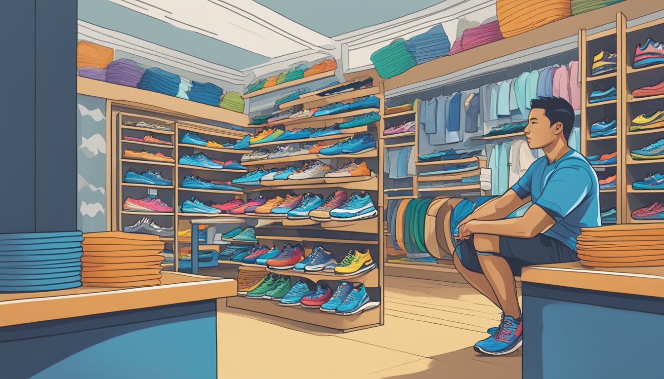 A runner confidently laces up their Hoka running shoes, surrounded by a variety of options in a well-stocked store in Singapore
