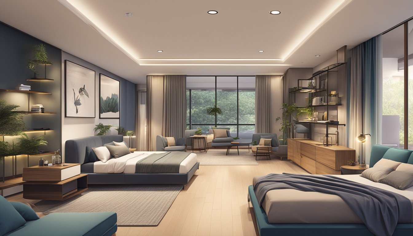 A furniture store in Singapore displays a variety of bed frames, from sleek modern designs to classic wooden styles. Bright lighting highlights the different options available for purchase