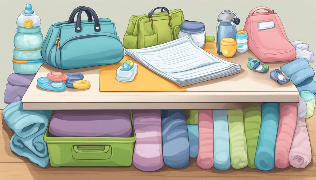 A shopping list with baby clothes, diapers, bottles, pacifiers, and blankets on a table. A stroller and car seat are nearby