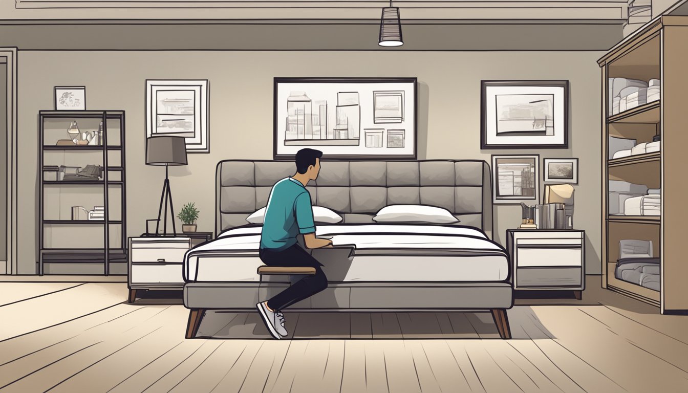 A customer browsing through a variety of bed frames in a furniture store in Singapore, with a sign that reads "Frequently Asked Questions" displayed prominently