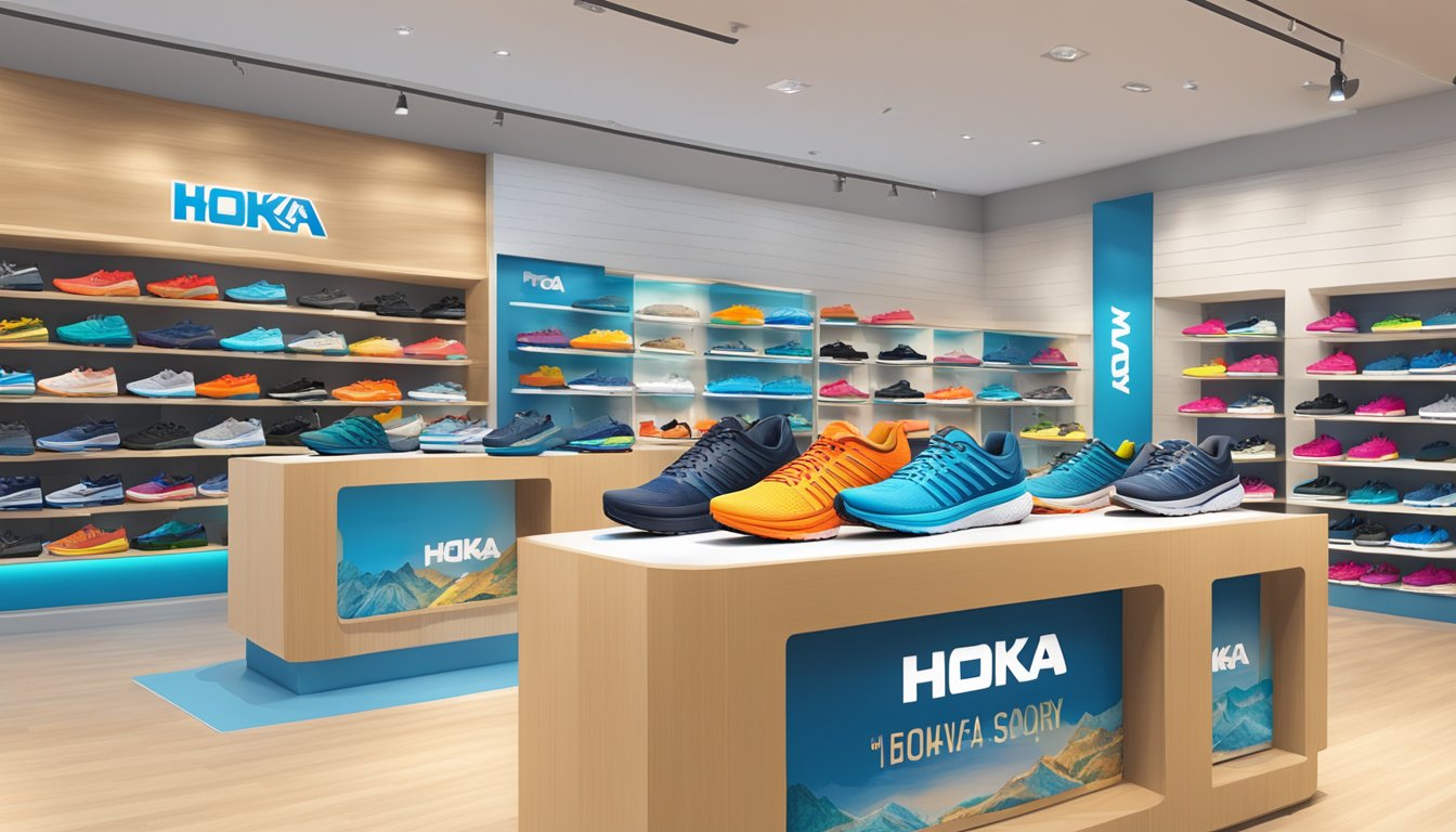 A store display of Hoka shoes in Singapore, with a prominent sign indicating "Where to buy Hoka shoes" and a variety of shoe styles showcased