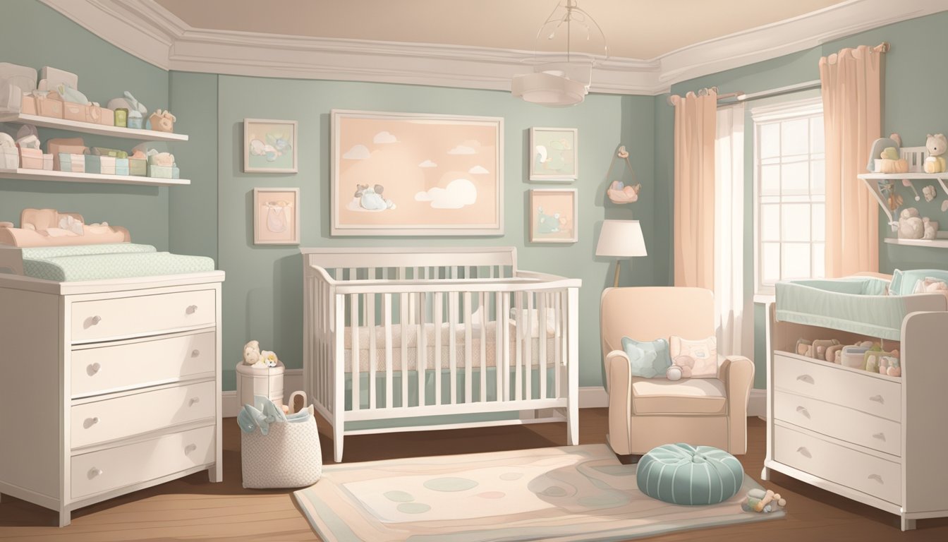 A cozy nursery with a crib, changing table, and rocking chair. Shelves stocked with diapers, wipes, and baby clothes. Soft lighting and pastel colors create a calming atmosphere