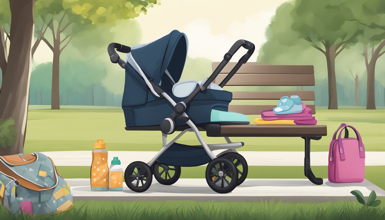 A stroller, diaper bag, baby carrier, and portable changing pad laid out on a park bench, with a bottle and pacifier nearby