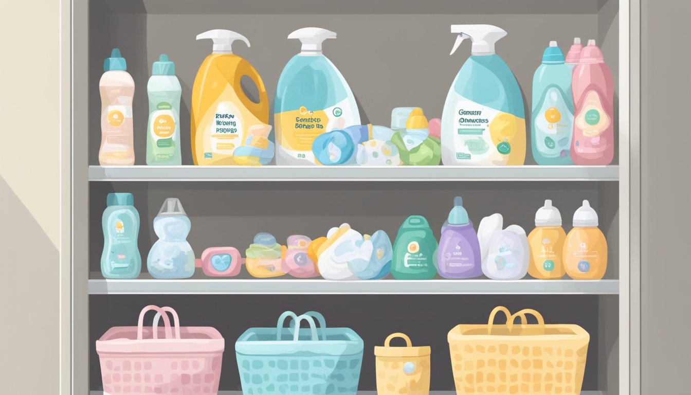 A shelf with baby essentials: diapers, wipes, bottles, pacifiers, and onesies. A sign reads "Frequently Asked Questions: things to buy for newborn Singapore."