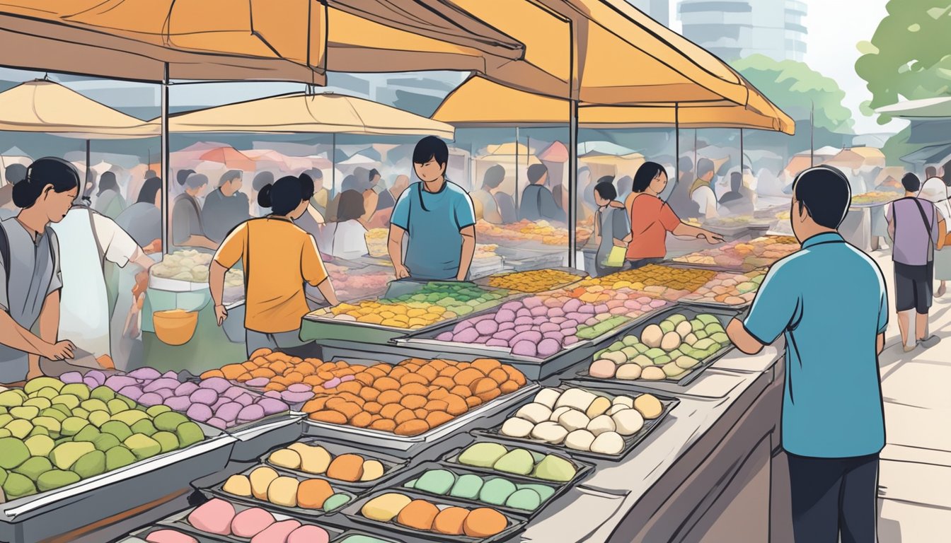 A bustling street market with colorful stalls selling various flavors of mochi in Singapore. A vendor carefully arranging trays of soft, chewy mochi on display