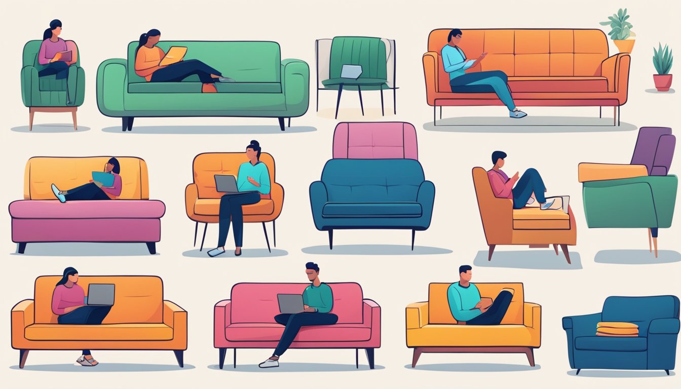 A person browsing through various couch options online, carefully considering the style, size, and color before making a purchase decision