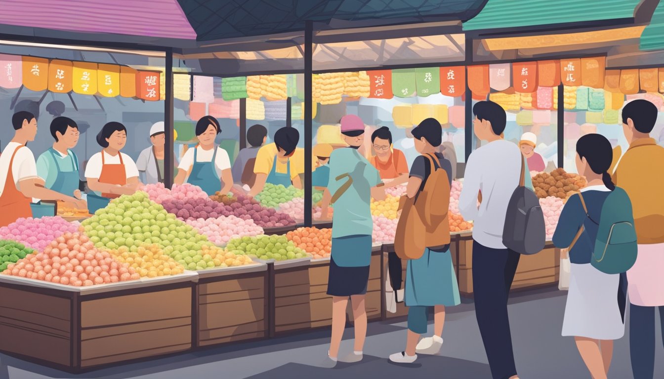Colorful display of various mochi flavors at bustling Singapore market. Vendors expertly shaping and packaging the sweet treats. Customers eagerly sampling and purchasing