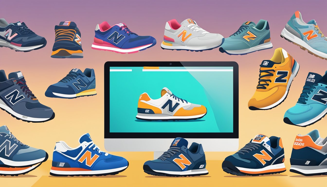 A computer screen displays a variety of New Balance shoes on the websites of top online retailers. Icons of shopping carts and product ratings are visible