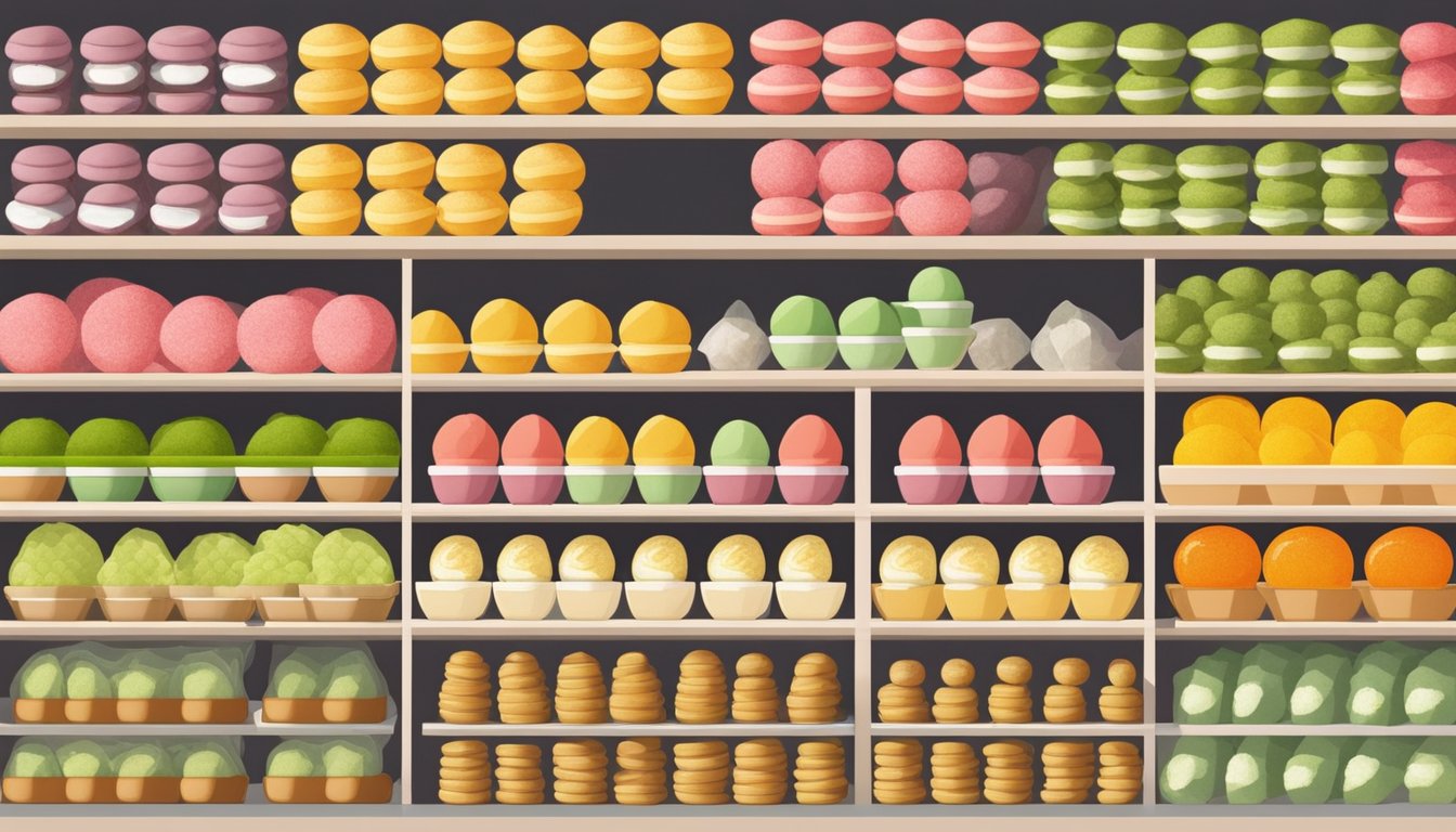 A colorful display of various types of mochi, including matcha, red bean, and mango flavors, arranged neatly on shelves in a specialty store in Singapore