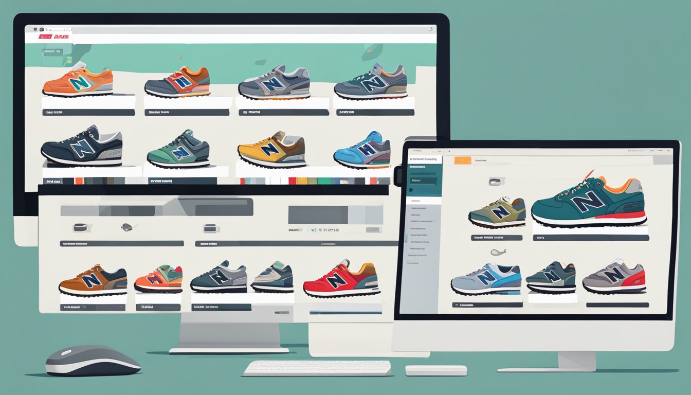 A computer screen displaying various New Balance shoe options. Mouse cursor hovers over "Add to Cart" button