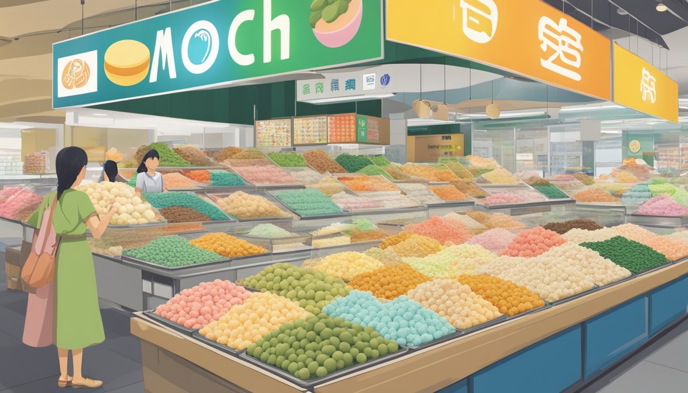 A display of various mochi flavors and brands in a Singaporean market, with signs indicating "Frequently Asked Questions: Where to buy mochi in Singapore."