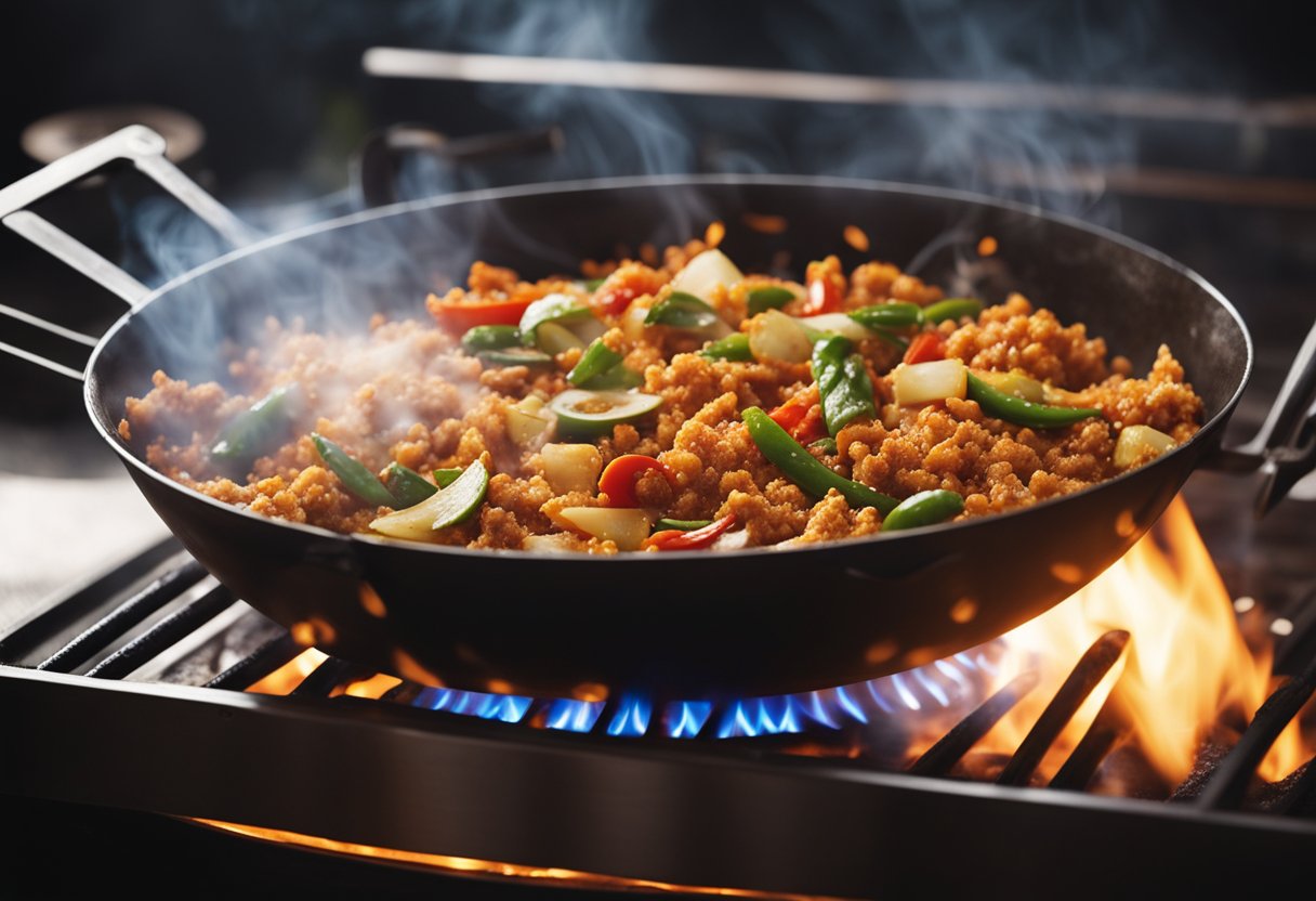 A wok sizzles as chili flakes and garlic fry in hot oil. Smoke rises, filling the air with a spicy aroma