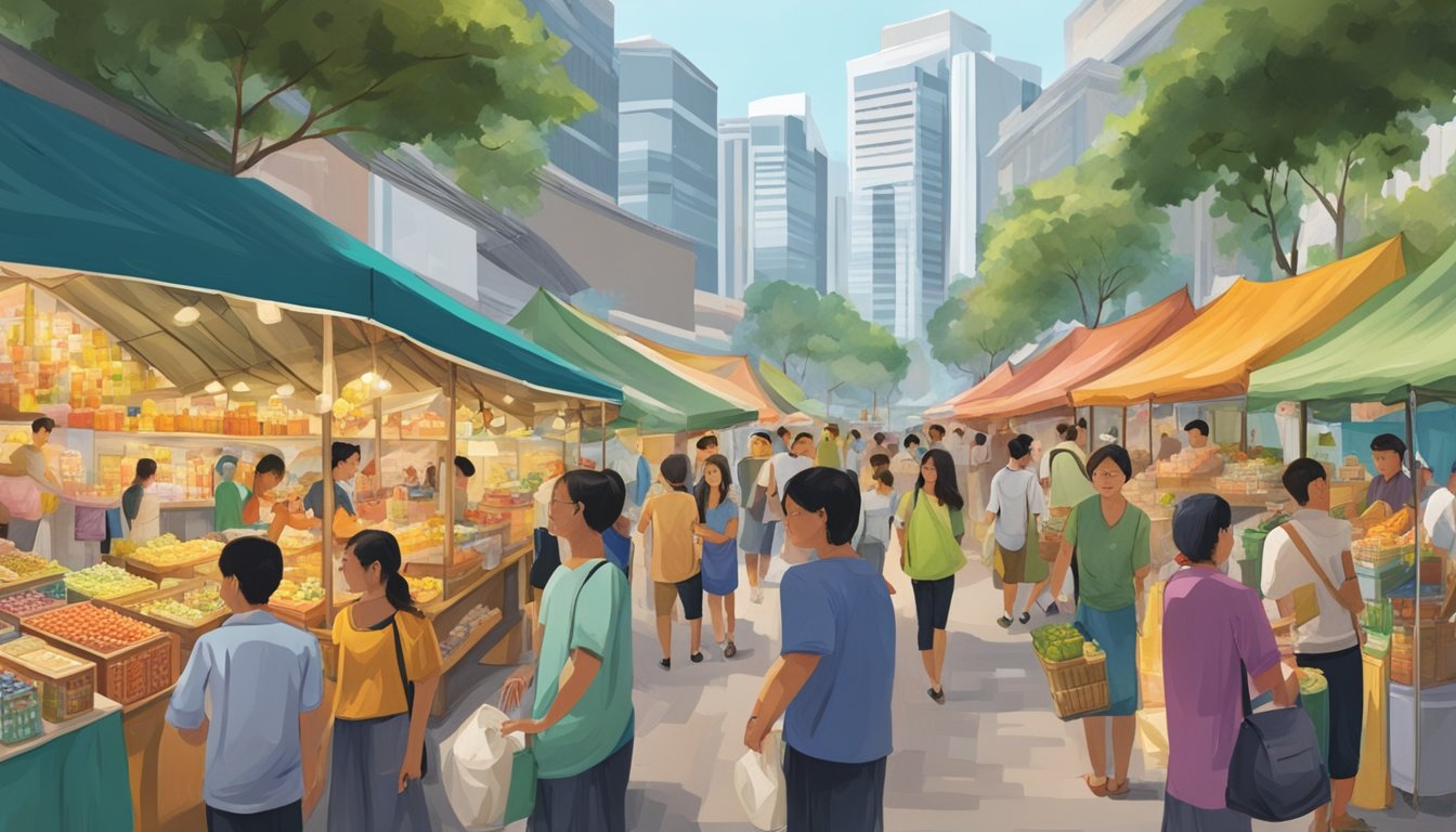 A bustling street market in Singapore, with colorful stalls selling medicated oils and traditional remedies. Shoppers browse the various options, while vendors call out their products