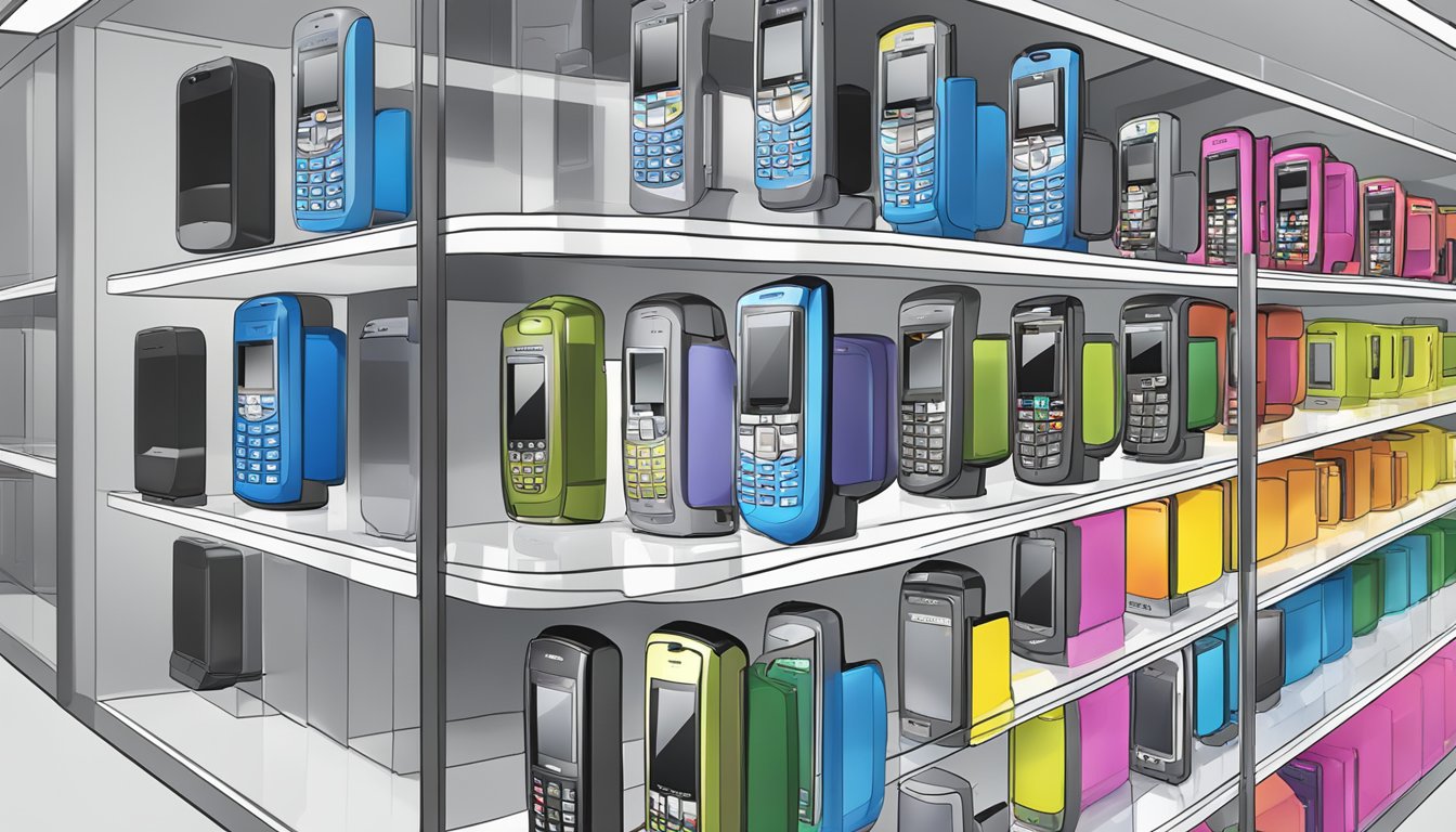 Multiple Uniden phones on display at Best Buy, arranged neatly on shelves with bright lighting and clear price tags