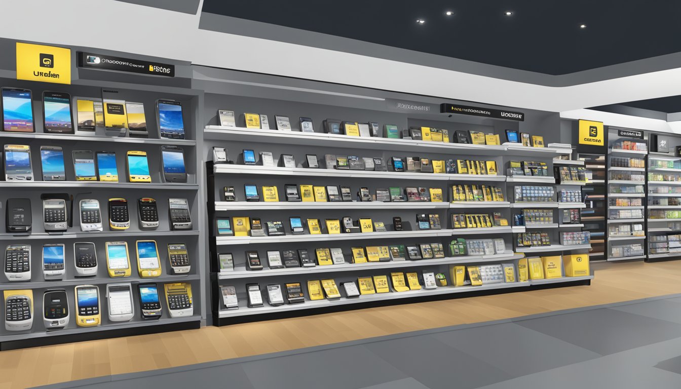 A display of Uniden phones at Best Buy, showcasing the latest models and features. Brightly lit with clear signage and organized shelves