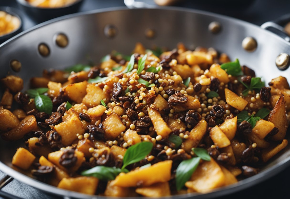A wok sizzles as chili flakes and garlic fry in oil. Ginger and Sichuan peppercorns add aroma