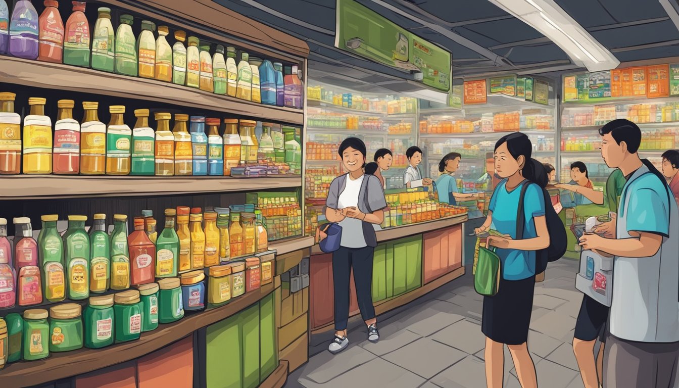 A bustling Singaporean market stall sells medicated oil to eager customers. Brightly colored bottles line the shelves, while a vendor enthusiastically promotes the product to passersby
