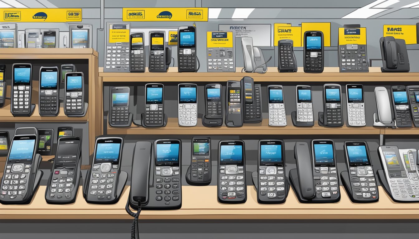 A display of Uniden phones at Best Buy with a sign reading "Frequently Asked Questions" prominently featured