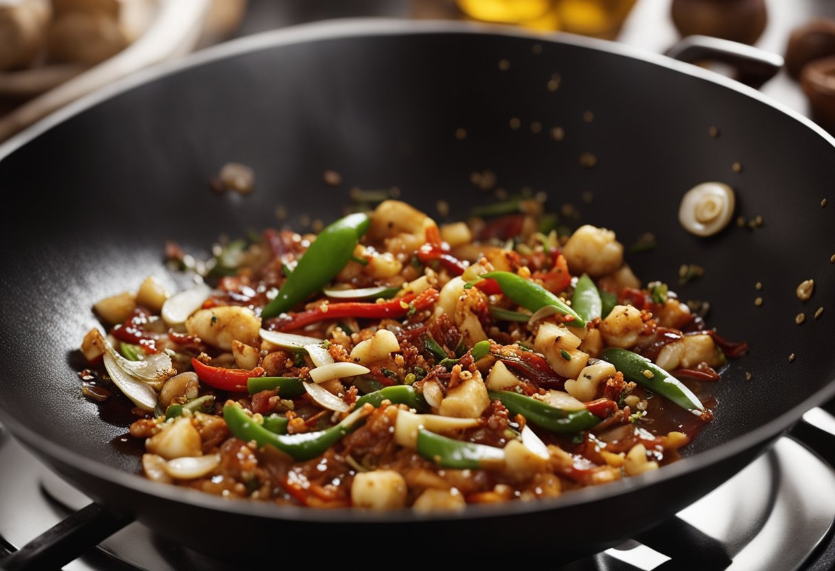 A wok sizzles with hot oil, as garlic and chili flakes are added, releasing a fragrant aroma. The ingredients slowly infuse into the oil, creating a rich and spicy chili garlic oil