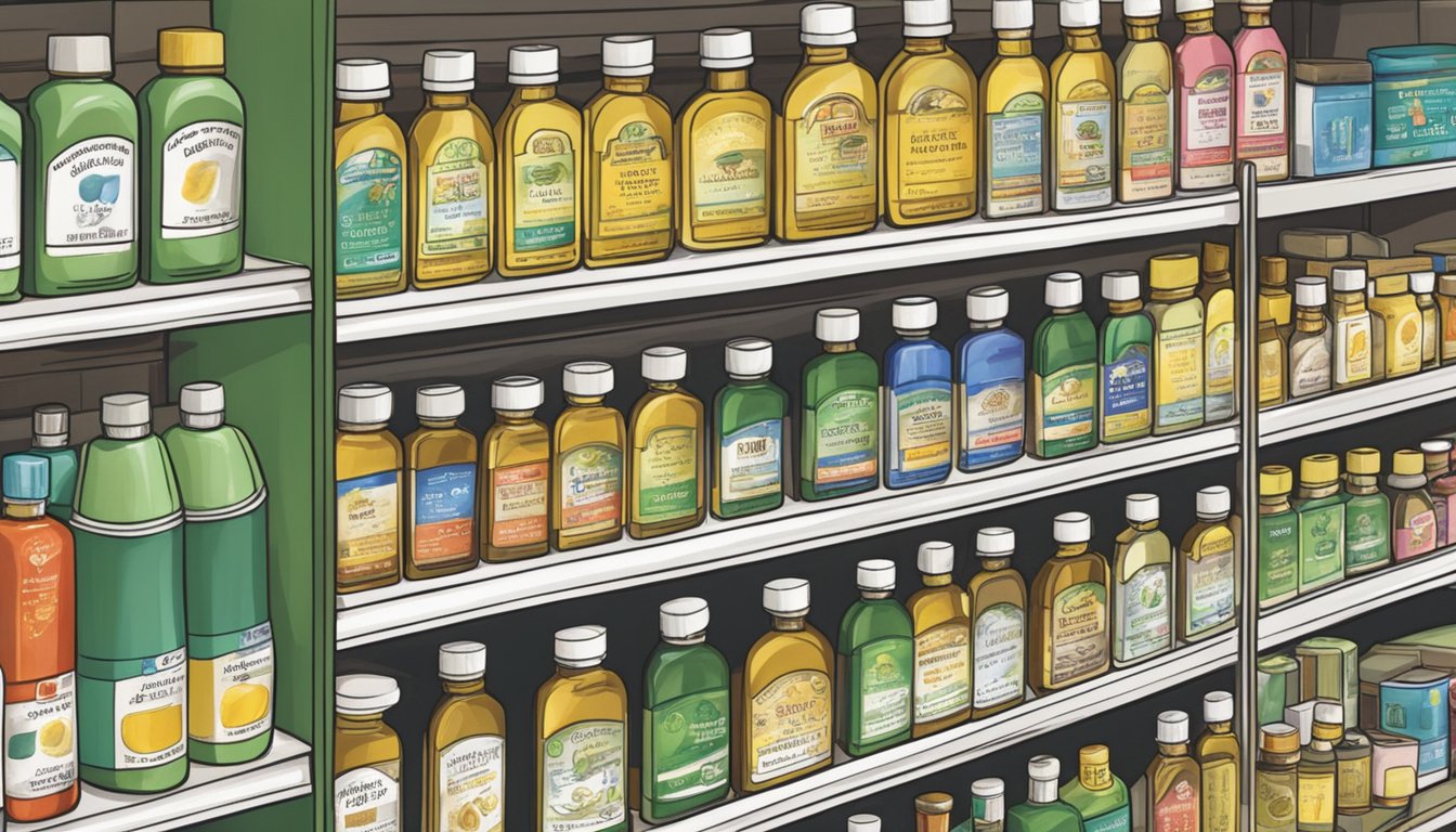 A bottle of medicated oil sits on a shelf in a Singaporean pharmacy, surrounded by other health products. The label prominently displays the benefits and uses of the oil