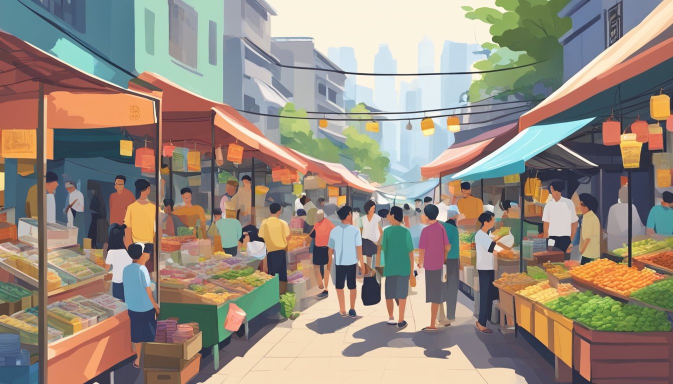 A bustling Singapore street market with colorful stalls and signs advertising medicated oil. Customers browsing and vendors selling their products