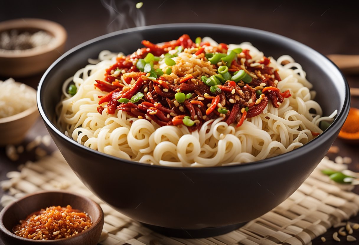 A bowl of steaming noodles topped with vibrant red Chinese chili garlic oil, surrounded by scattered chili flakes and minced garlic