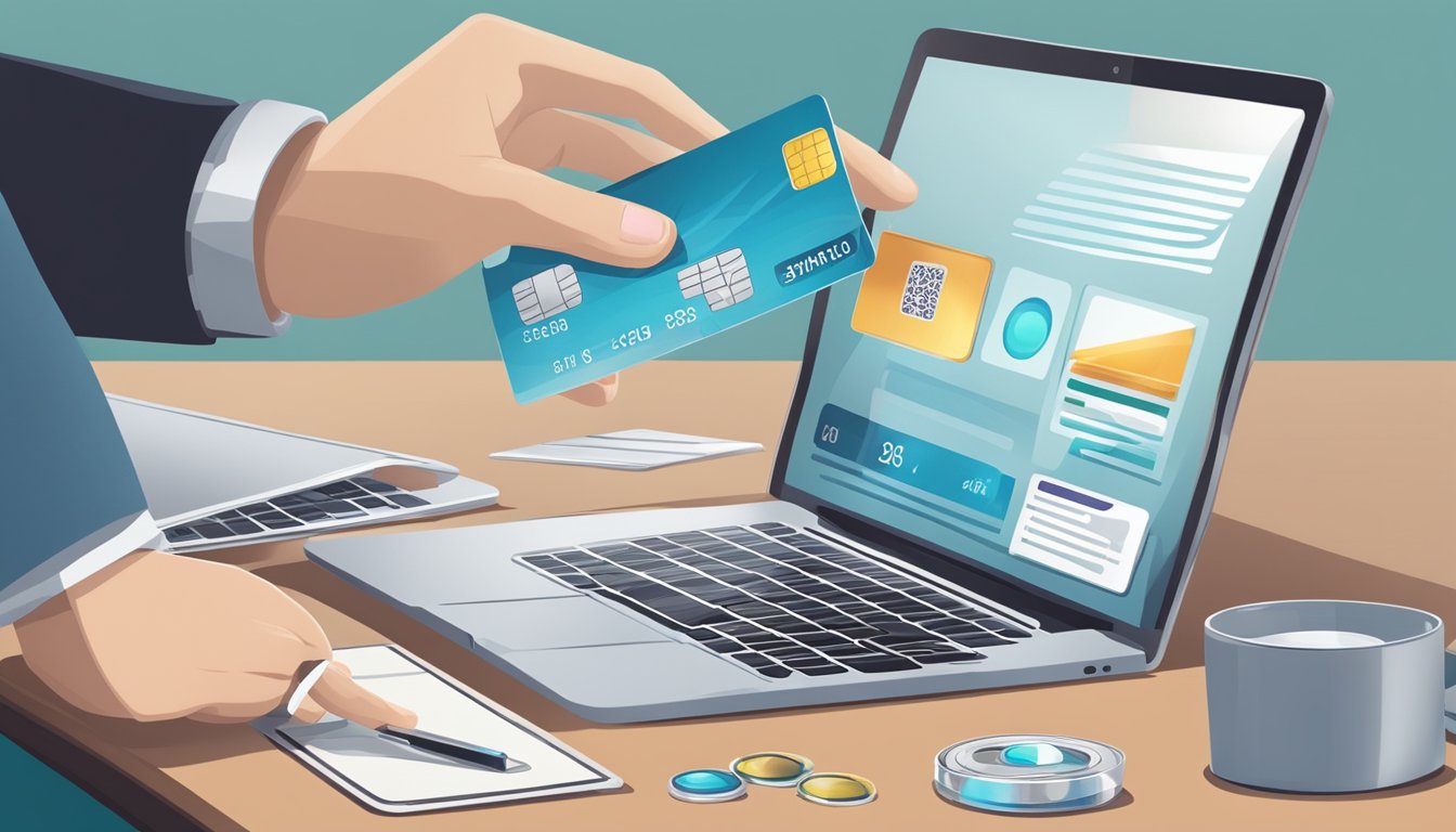 A laptop on a desk with a website open, showing a selection of daily contact lenses. A hand reaches for a credit card to make a purchase