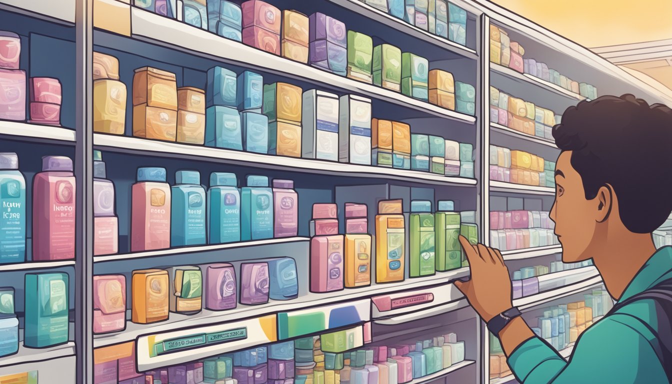 A hand reaching for a box of daily contact lenses on a shelf, with various options displayed in the background