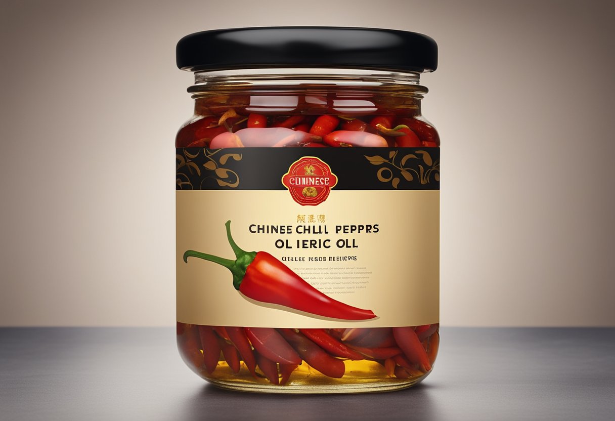 A glass jar filled with vibrant red chili peppers and garlic submerged in fragrant oil, sealed with a lid, and labeled "Chinese Chili Garlic Oil Recipe."