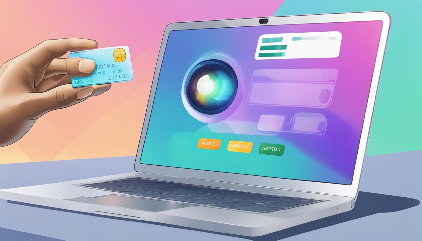 A hand clicks "add to cart" on a laptop screen, displaying daily contact lenses. A credit card sits nearby