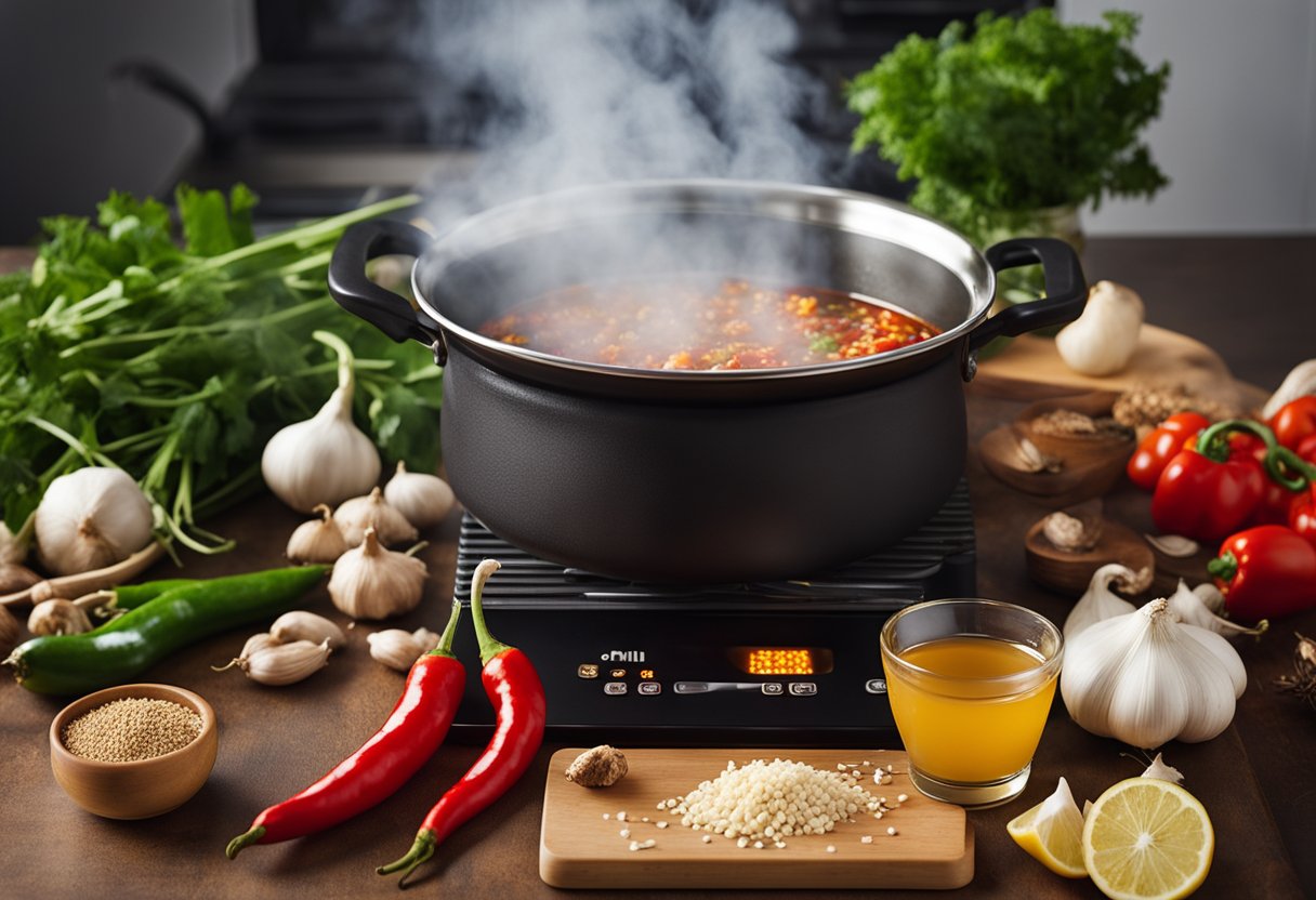 A steaming pot of chili garlic oil simmers on a stovetop, surrounded by various ingredients and utensils. A recipe book is open to the "Frequently Asked Questions" section
