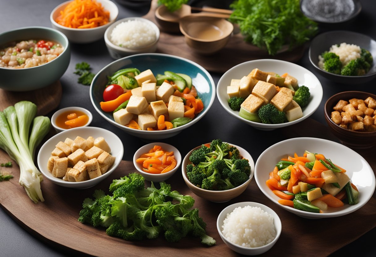 A table set with colorful vegetables, tofu, and steaming bowls of traditional Chinese dishes with a modern healthy twist