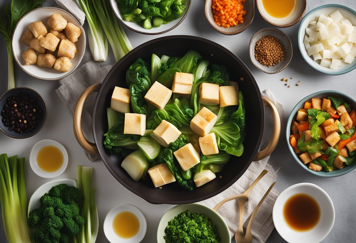 A table set with colorful, fresh ingredients like bok choy, tofu, and ginger. Steam rises from a wok filled with sizzling vegetables and fragrant spices