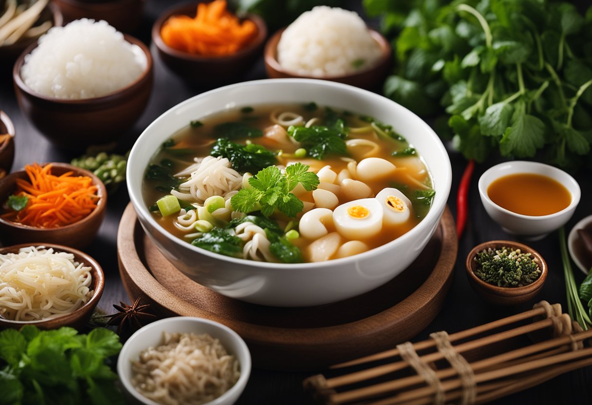 A steaming bowl of traditional Chinese soup surrounded by fresh ingredients and herbs, evoking a sense of warmth and comfort
