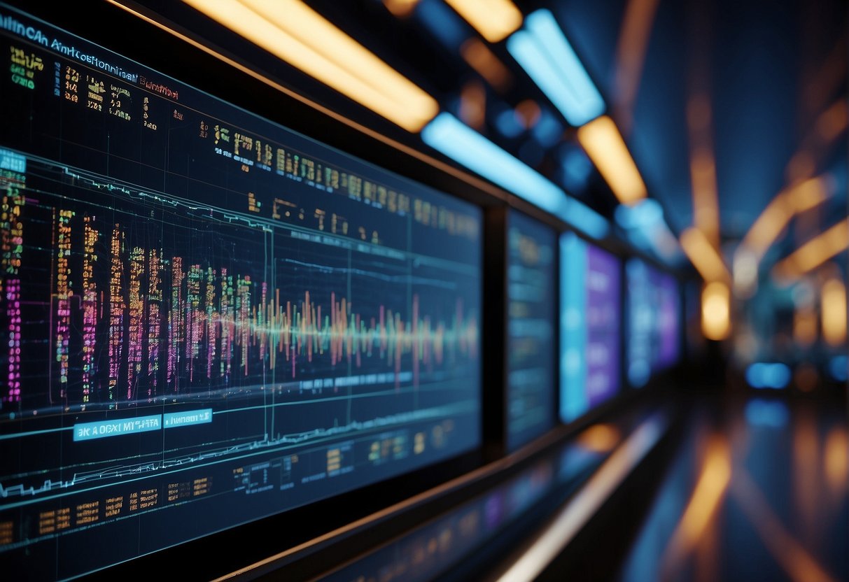 A computer screen displaying AI algorithms in action, with colorful data visualizations and code lines scrolling