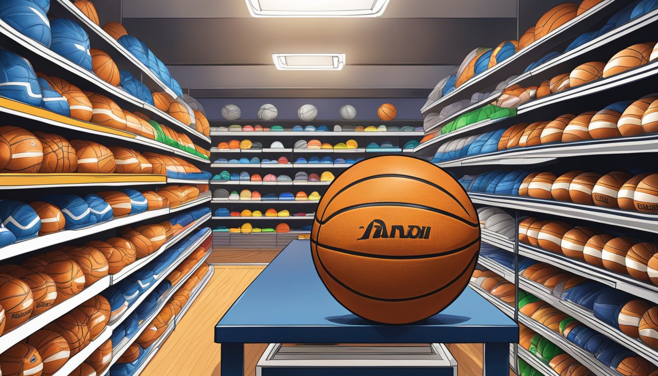 A basketball sitting on a shelf in a sports equipment store in Singapore