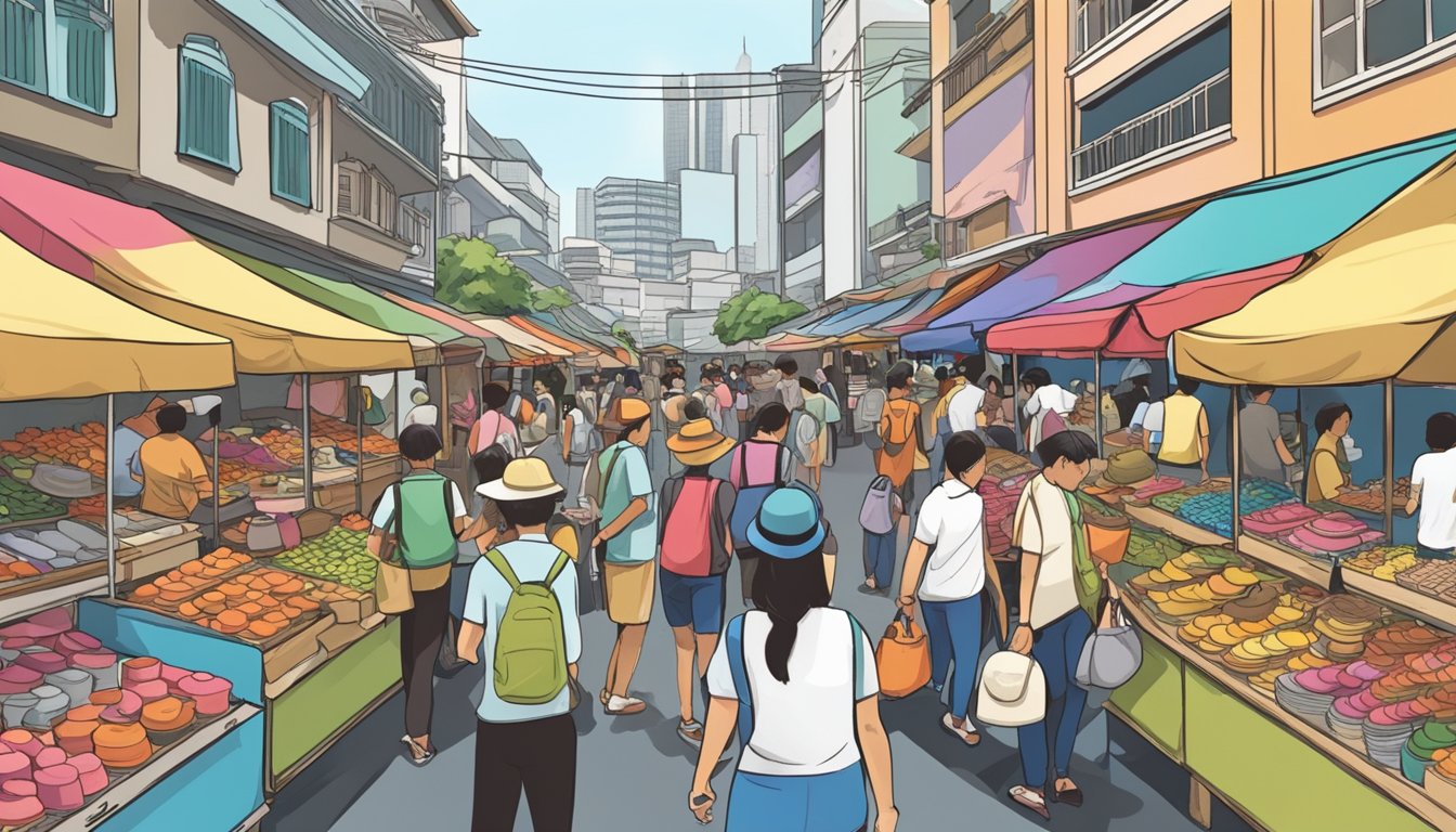 A bustling street market in Singapore, with colorful stalls selling a variety of caps and hats. Shoppers browse the selection, while vendors call out their prices and offerings