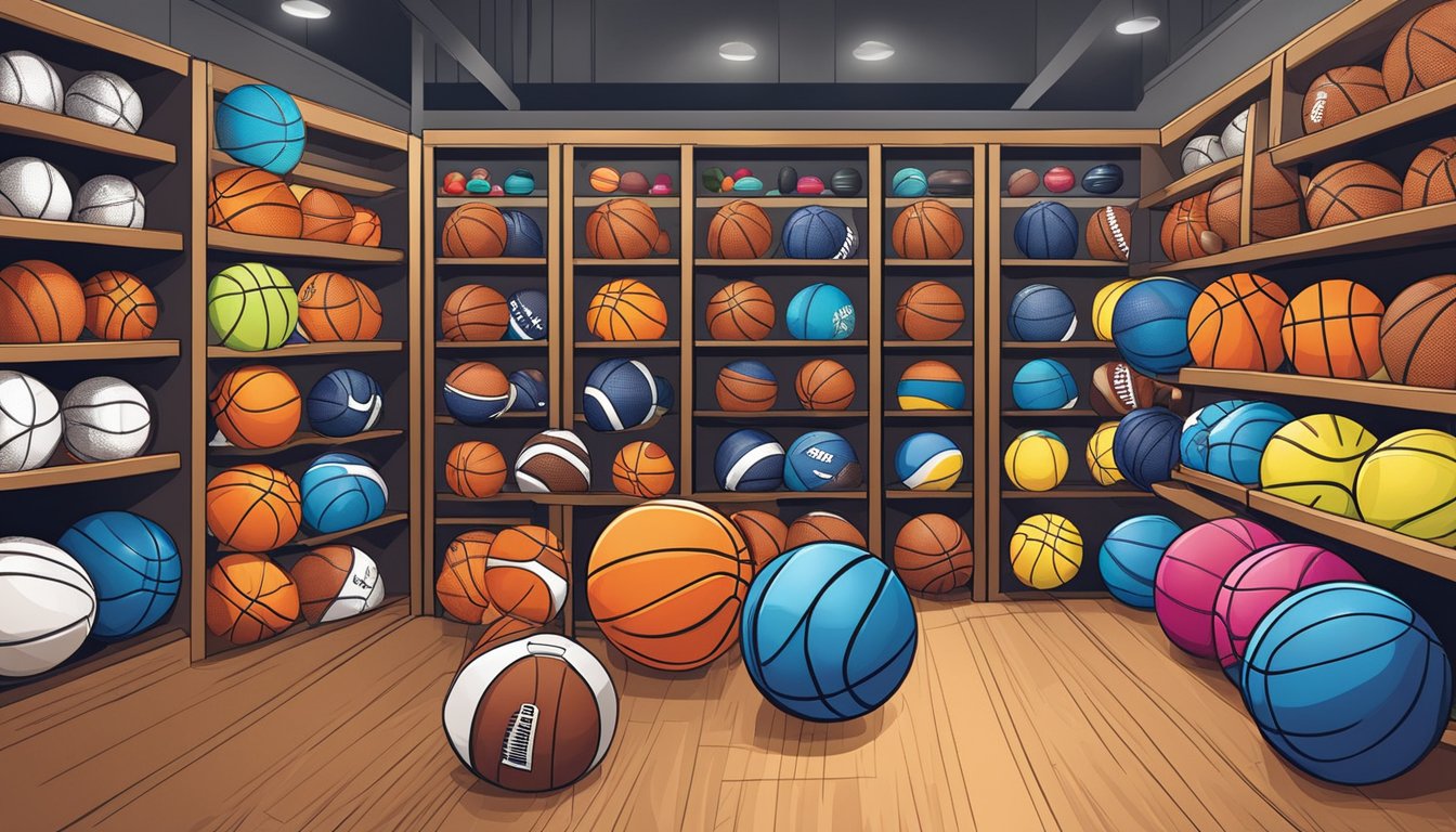 A sports store in Singapore displays a variety of basketballs on shelves, with colorful designs and different sizes, surrounded by basketball accessories