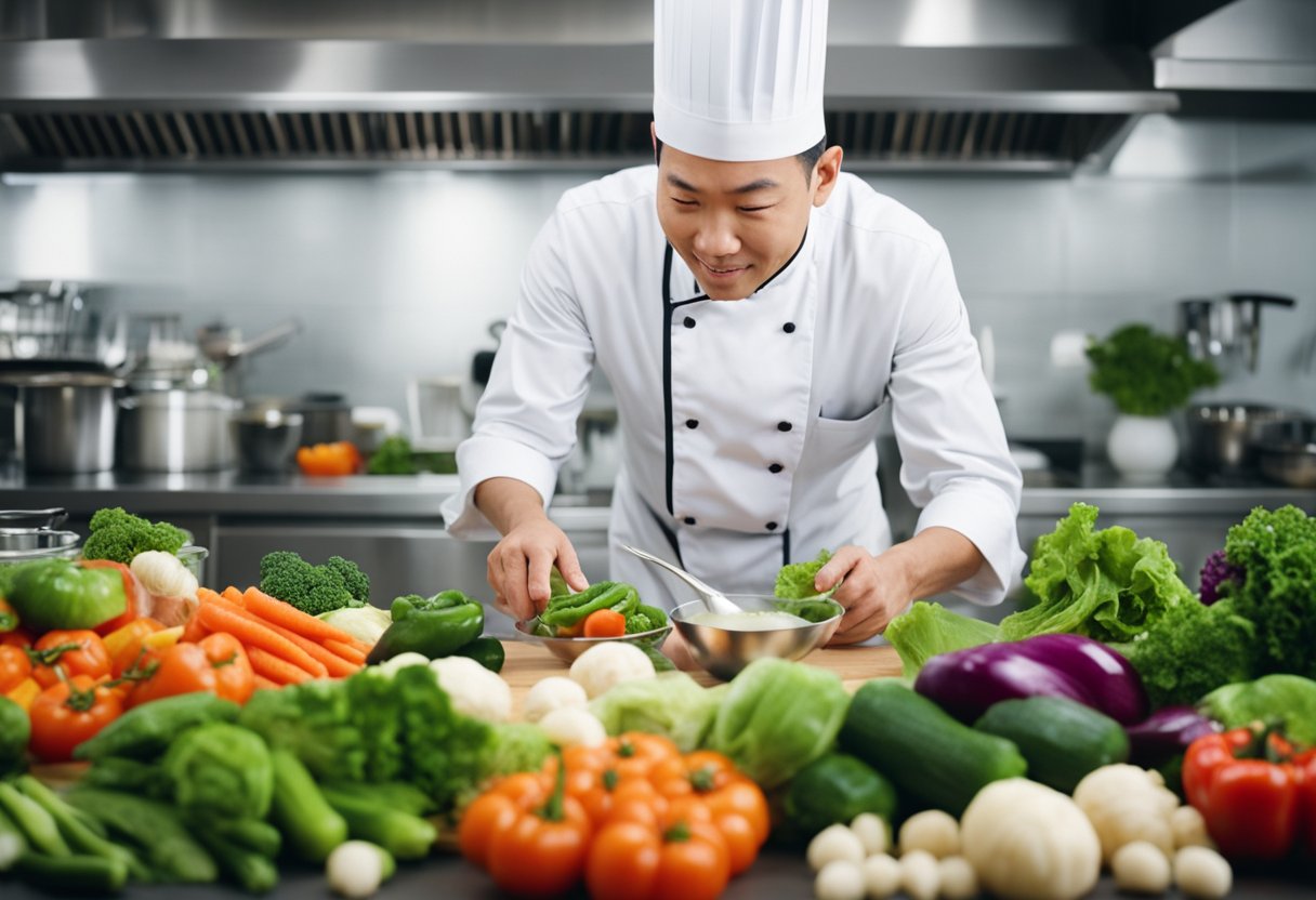 A chef prepares a colorful array of fresh vegetables and lean protein, incorporating traditional Chinese flavors into special diet-friendly recipes