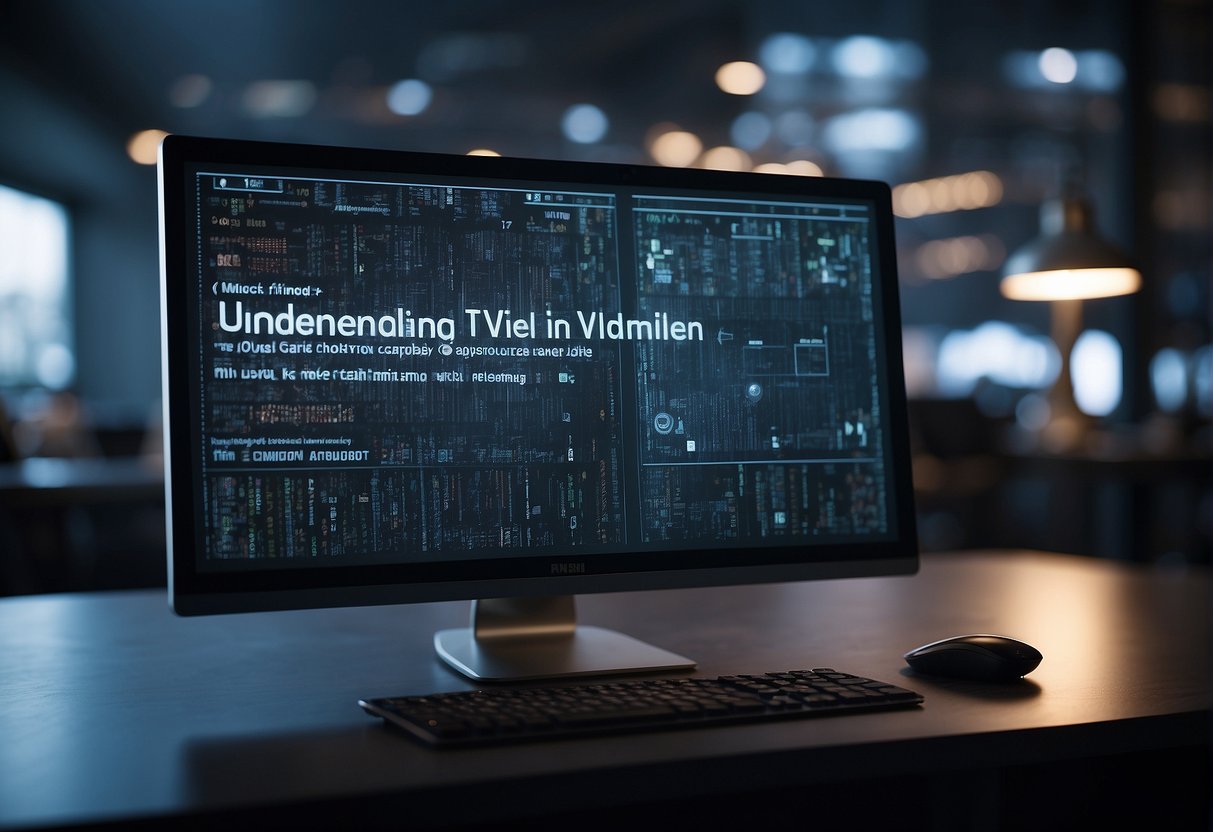 A computer screen displaying AI-generated video captions. Text reads "Understanding AI in Video Captioning." AI technology in background