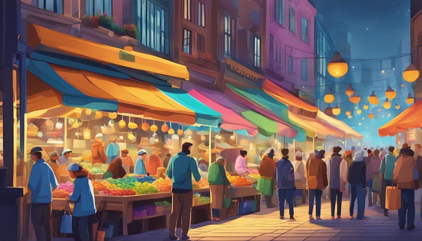 A bustling street market with colorful stalls selling a variety of caps. Bright lights and vibrant signage draw in customers