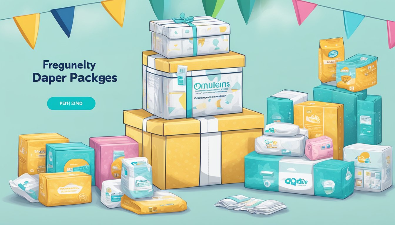 A stack of assorted diaper packages, surrounded by online shopping icons and a "Frequently Asked Questions" banner