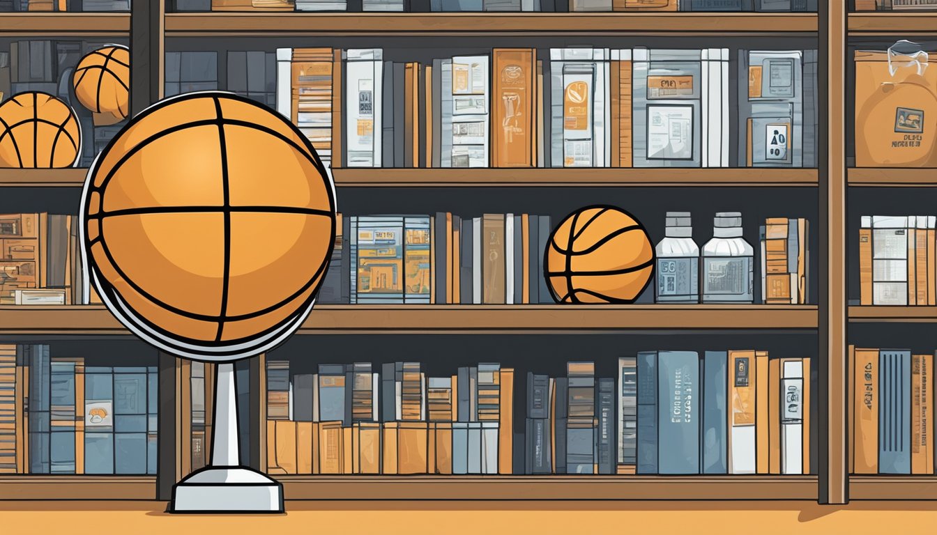 A basketball sitting on a store shelf in Singapore, with a sign indicating "Frequently Asked Questions: Where to buy basketball in Singapore."