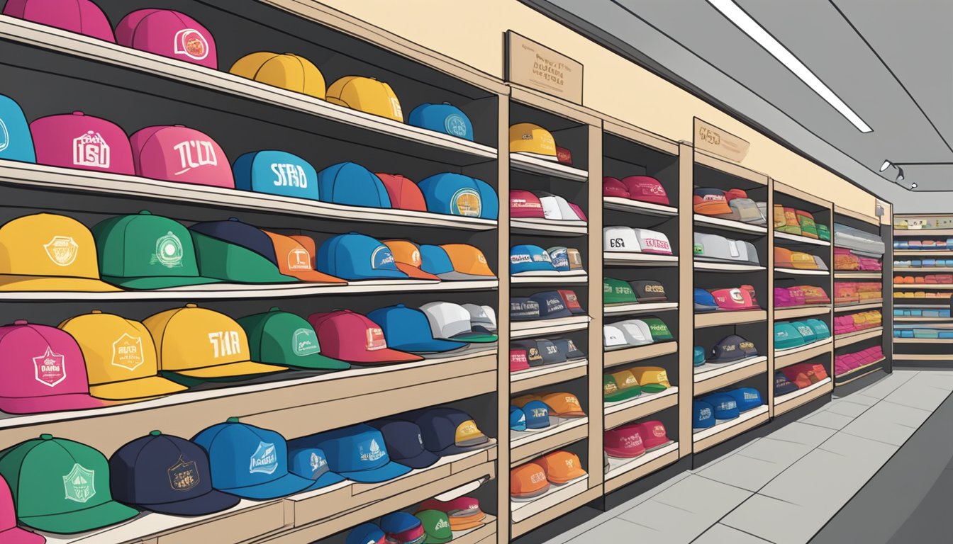 A display of various caps in a Singaporean store, with shelves neatly organized and a sign indicating "Choosing the Right Cap for You."