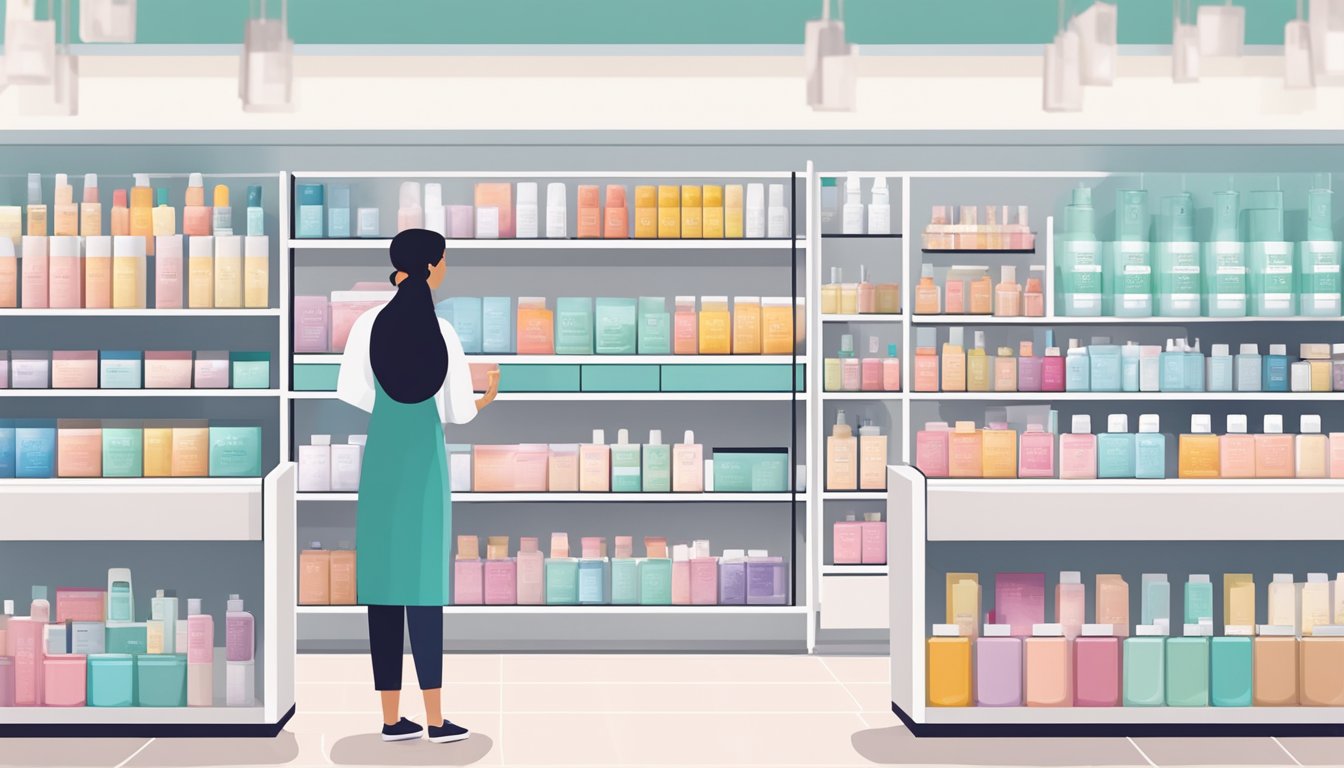 A bright and modern skincare store in Singapore displays shelves filled with Paula's Choice products. The store is clean and organized, with a friendly salesperson assisting a customer