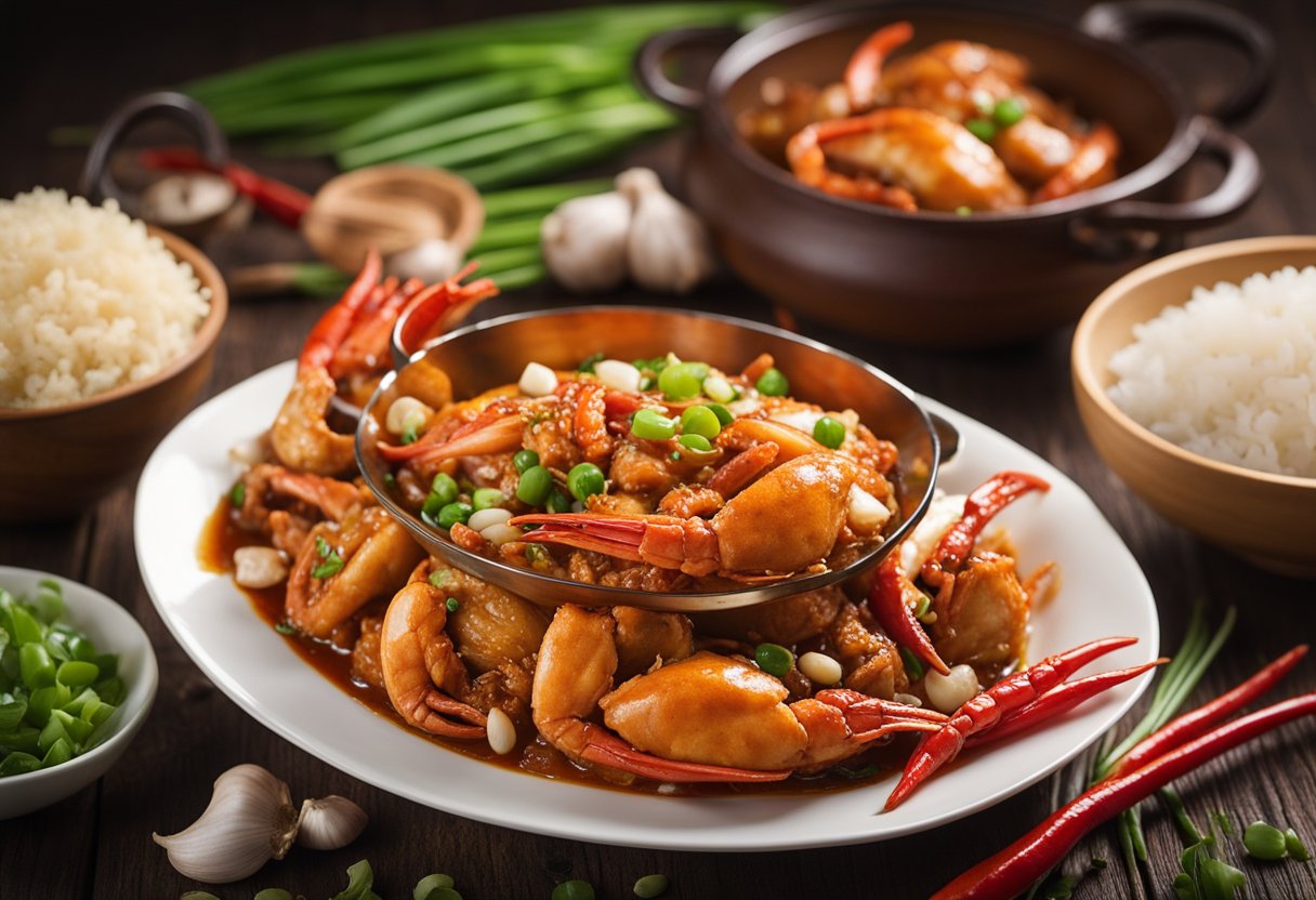 A wok sizzles with red chili crab in a fragrant sauce, surrounded by garlic, ginger, and green onions on a wooden table